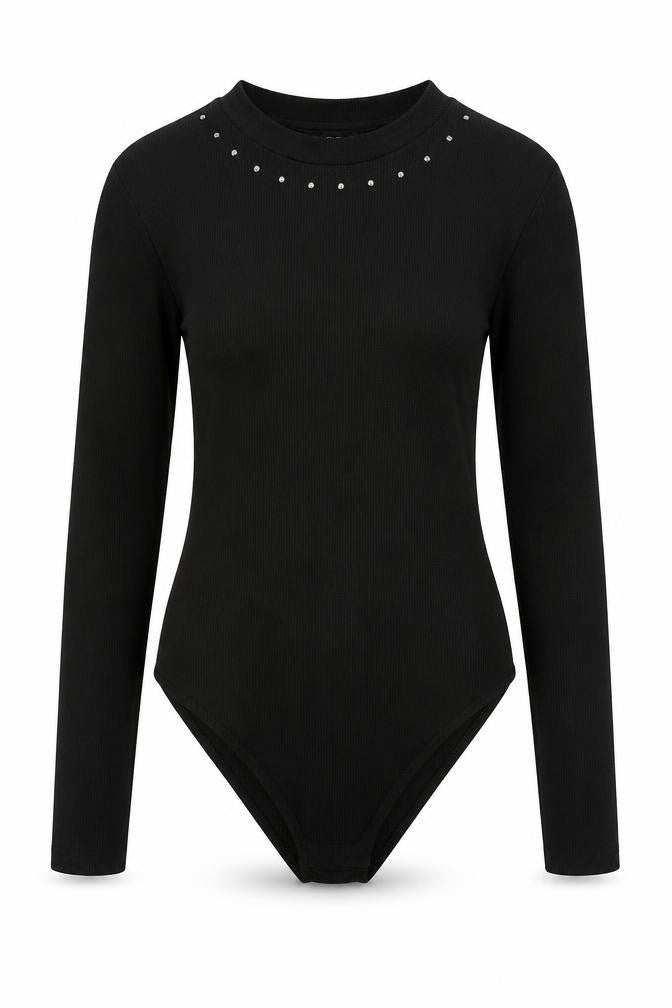 Front view of F&F women’s black polyester playsuit one-piece, size UK 8, snap