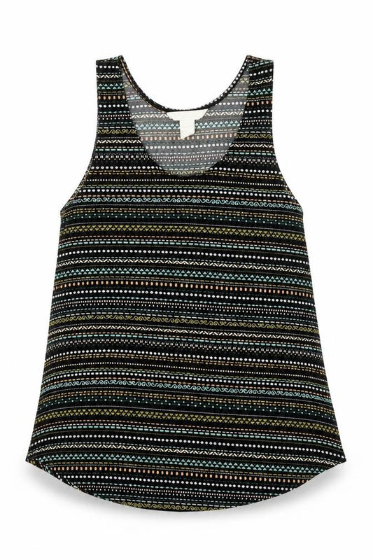 Front view of H&M women’s black geometric polyester basic tank, size S, round neck