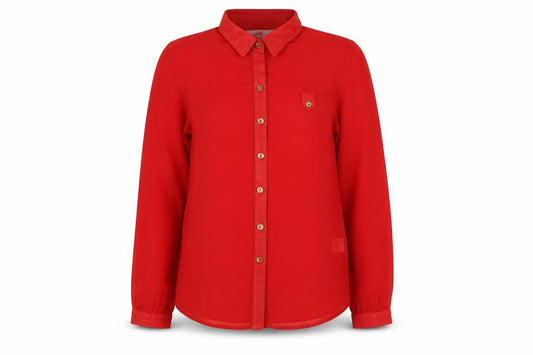 Front view of Sophie girls’ red polyester basic button-up, size 14-15, years collared button