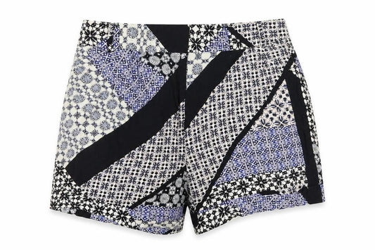 Front view of Papaya women’s blue geometric viscose boyfriend shorts, size UK 8, 3-inch leg regular hook & eye