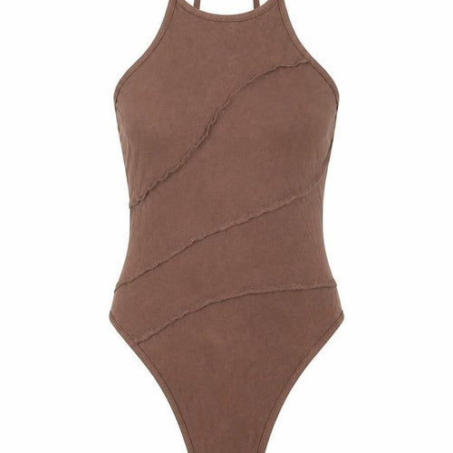 SheIn Womens Brown Viscose Bodysuit One-Piece Size S Snap - Tie Neck