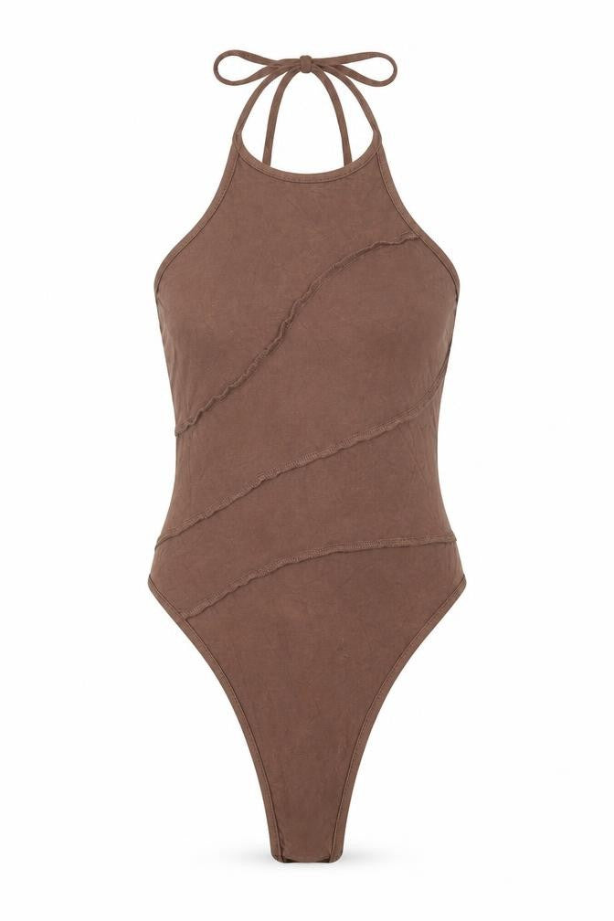 SheIn Womens Brown Viscose Bodysuit One-Piece Size S Snap - Tie Neck
