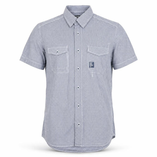 Front view of Duck and Cover men’s beige plaid cotton button-up, size M, collared button