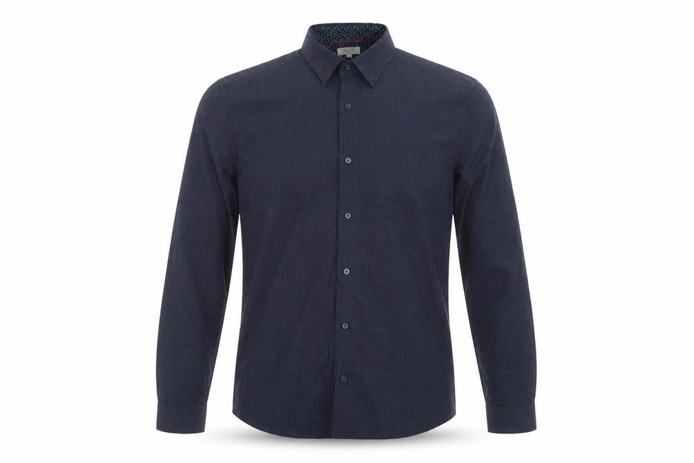 Front view of Next men’s blue geometric cotton button-up, size L, collared button