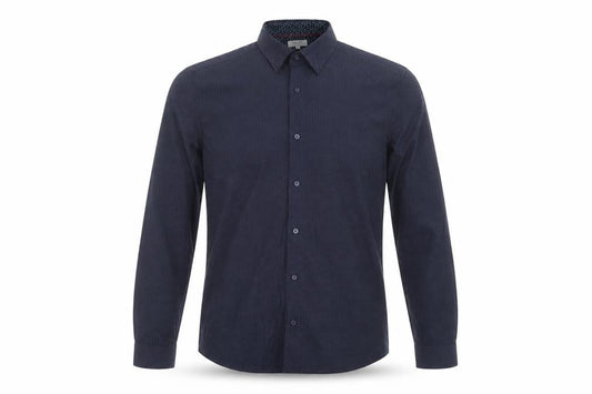 Front view of Next men’s blue geometric cotton button-up, size L, collared button