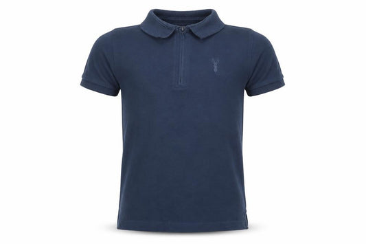 Front view of Next boys’ blue cotton basic polo, size 7, years collared zip