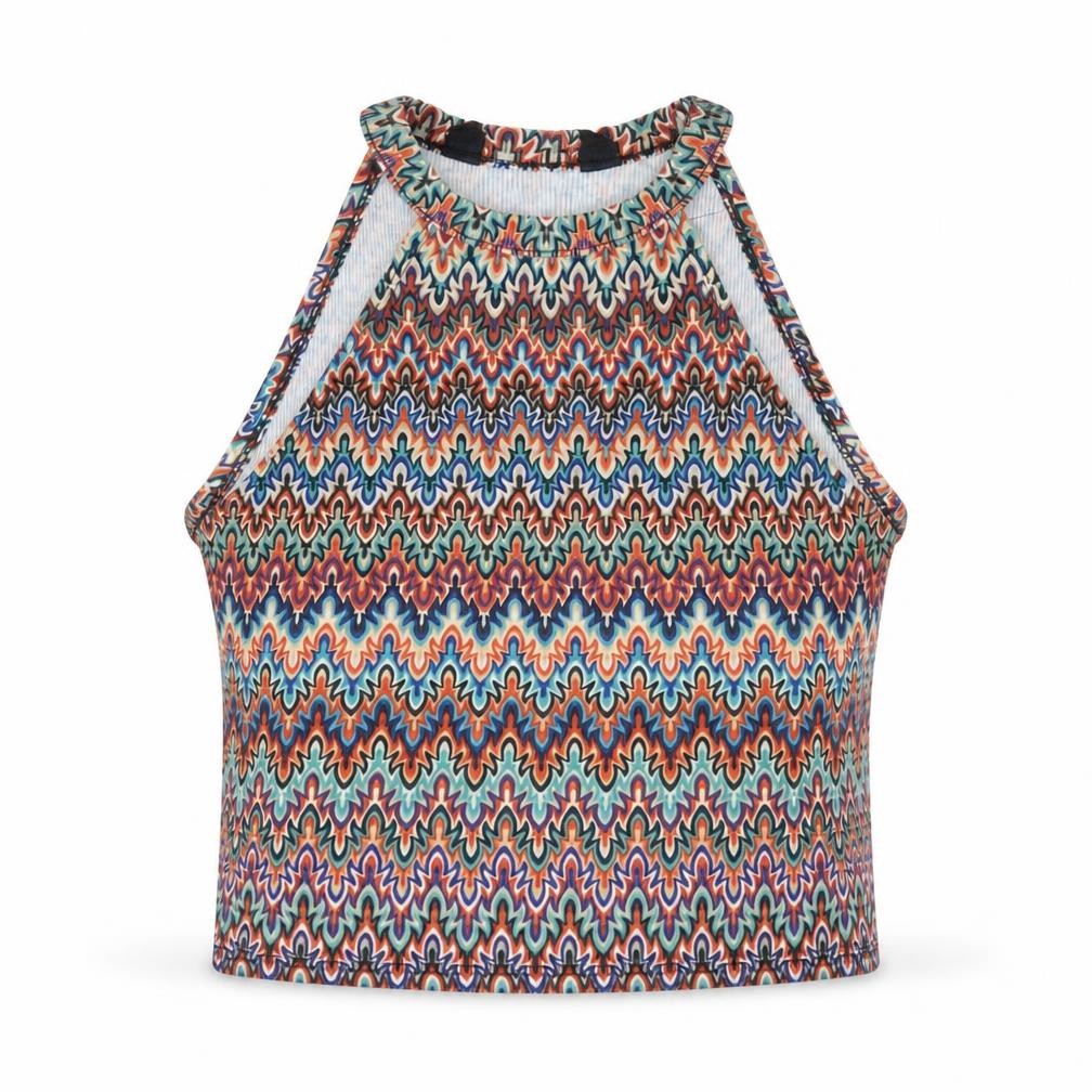 New Look Womens Multicoloured Geometric Polyester Cropped T-Shirt Size 10 Round Neck
