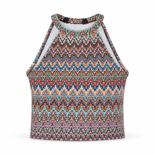 Front view of New Look women’s multicoloured geometric polyester cropped t-shirt, size UK 10, round neck
