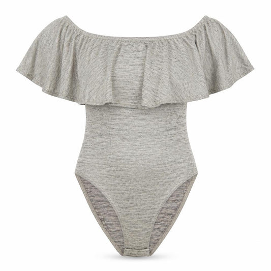 Front view of New Look women’s gold polyester bodysuit one-piece, size UK 10, snap