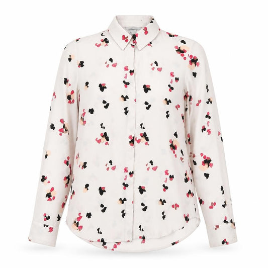 Front view of H&M women’s pink geometric polyester basic button-up, size XS, collared