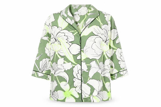 Front view of Next women’s green floral polyester basic blouse, size UK 6, v-neck