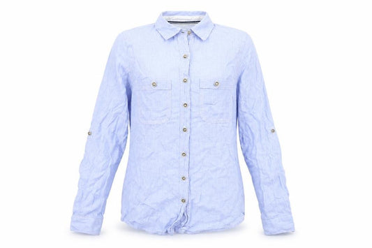 Front view of River Island women’s blue cotton basic button-up, size UK 6, collared