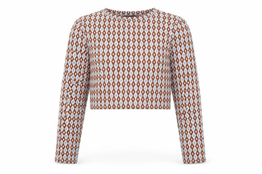 Front view of Primark women’s multicoloured geometric polyester cropped t-shirt, size XS, round neck