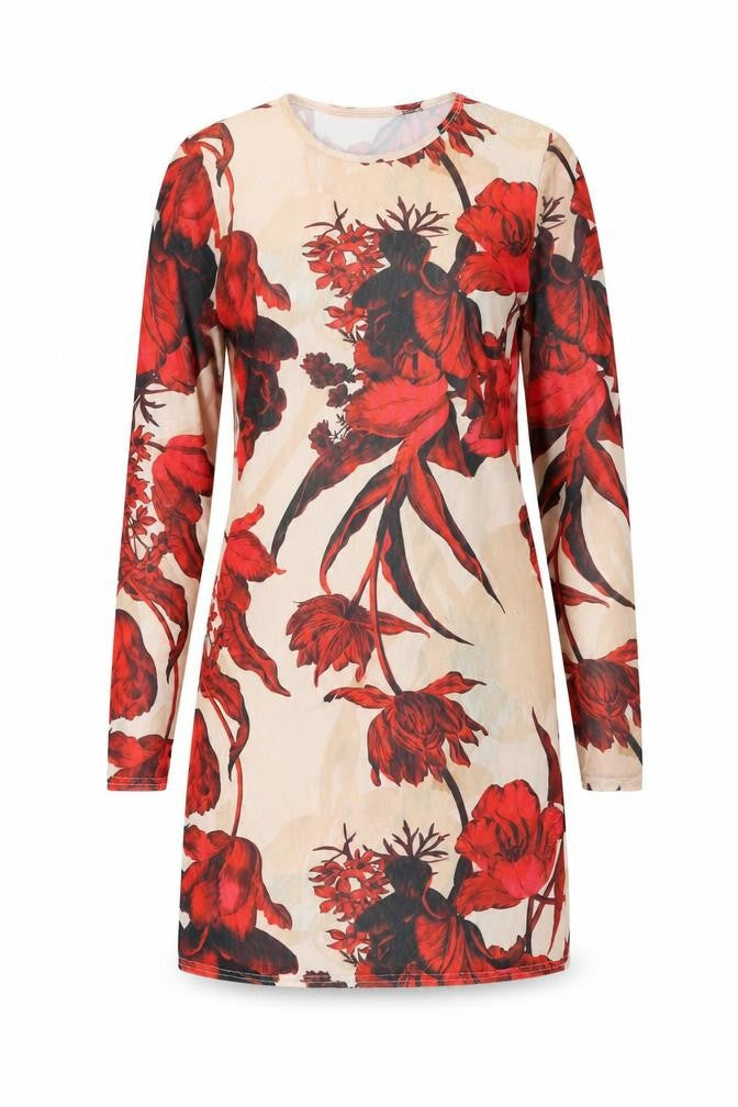Front view of PRETTYLITTLETHING women’s multicoloured floral polyester a-line, size UK 10, round neck - flowers