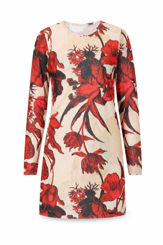 Front view of PRETTYLITTLETHING women’s multicoloured floral polyester a-line, size UK 10, round neck - flowers