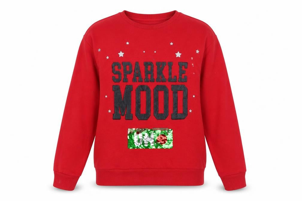 Front view of Dunnes women’s red cotton pullover sweatshirt, size S, pullover - sparkle mood