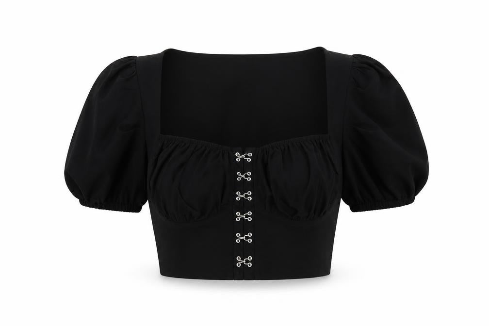 Front view of SHEIN women’s black polyester cropped blouse, size L, square neck