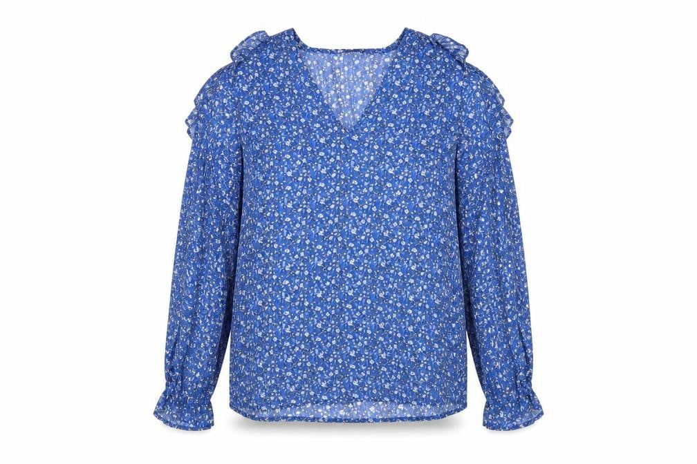 Front view of Dunnes women’s blue floral polyester basic blouse, size XL, v-neck