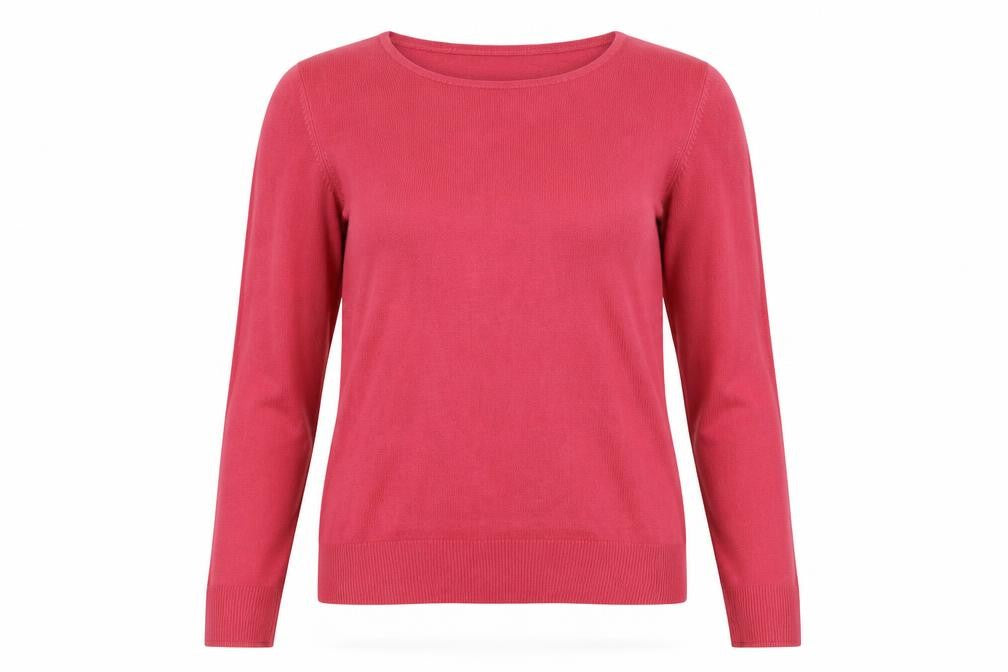 Front view of Marks & Spencer women’s pink round neck acrylic jumper, size UK 10