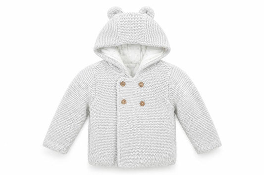 Front view of Marks & Spencer Baby Grey Cotton Cardigan Jumper, size 6-9, Months Button - Bear Hood