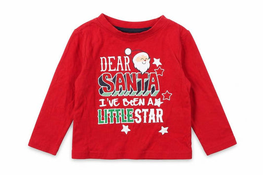 Front view of Mini Rebel boys’ red cotton basic t-shirt, size 12-18, months round neck - dear santa i've been a little star