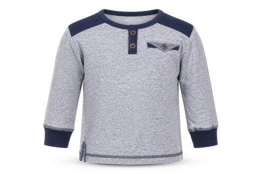 Front view of F&F boys’ blue striped cotton basic t-shirt, size 12-18, months v-neck button