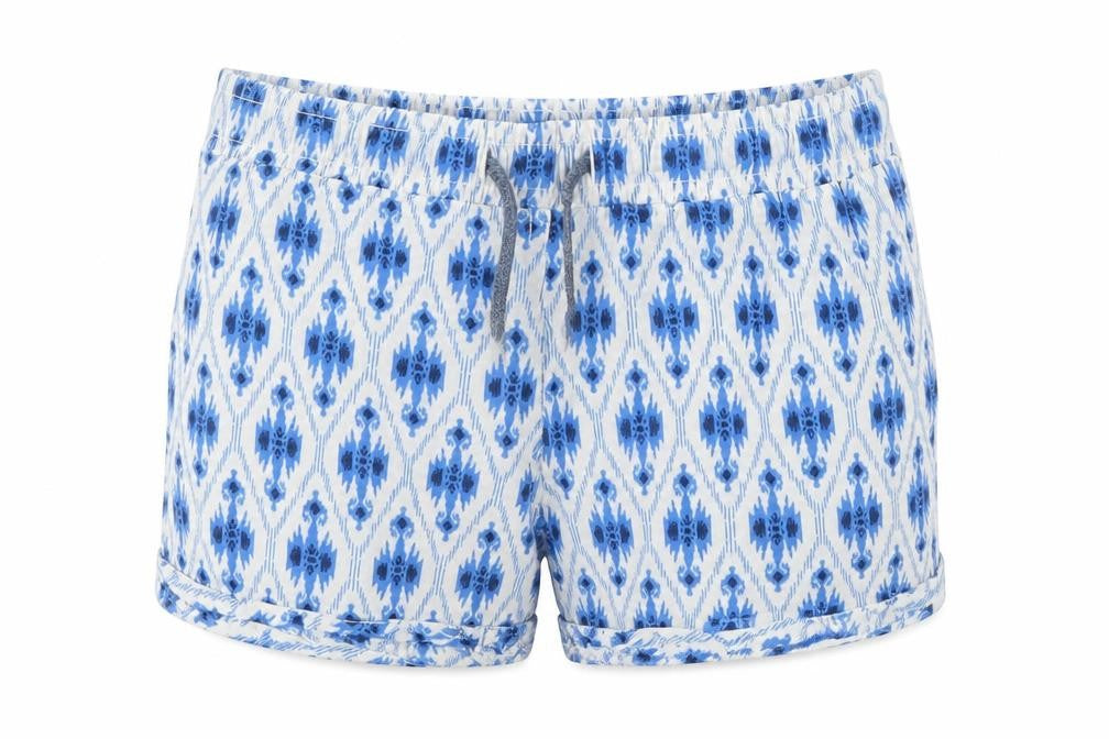 Front view of Denim & Co. women’s blue polyester bermuda shorts, size UK 8, 3-inch leg regular drawstring