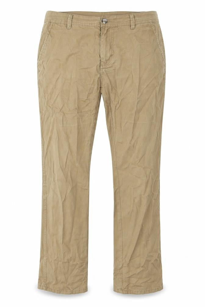 Front view of Denim & Co. women’s beige cotton trousers, size UK 36, in, 34-inch leg regular button