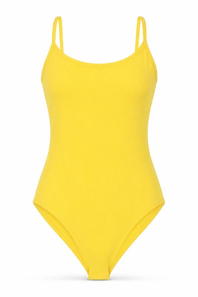 Front view of Primark women’s yellow polyester bodysuit one-piece, size UK 4, snap