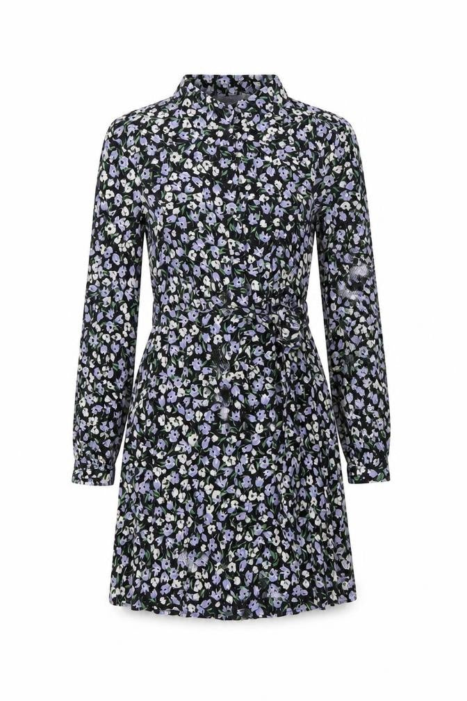 Front view of Mango women’s multicoloured floral viscose a-line, size UK 6, collared button