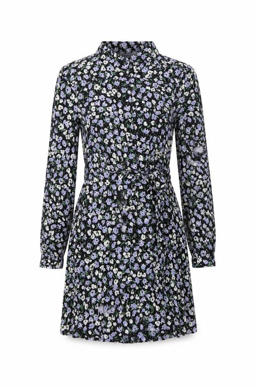 Front view of Mango women’s multicoloured floral viscose a-line, size UK 6, collared button