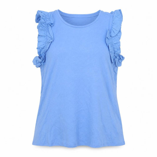 Front view of Savida women’s blue cotton basic tank, size L, round neck