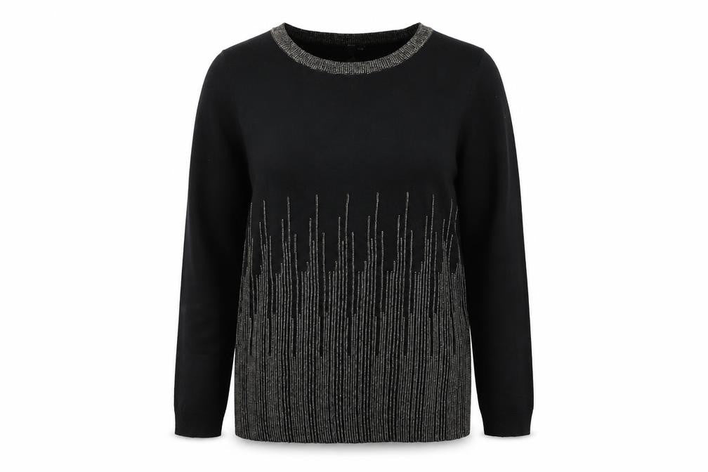 Front view of Intuition women’s black round neck geometric acrylic jumper, size UK 12