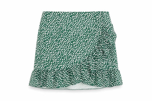 Front view of Preworn women’s green floral polyester skater skirt, size UK 30, in zip