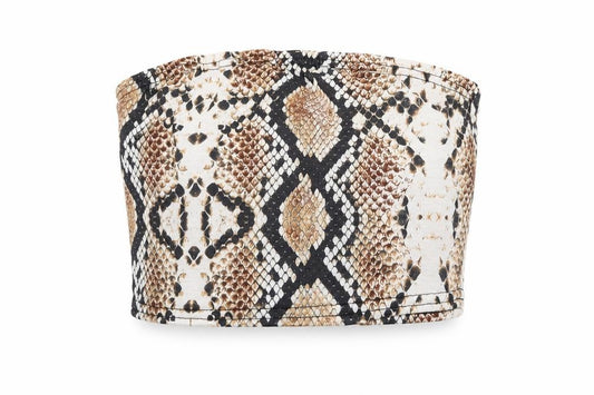 Front view of PRETTYLITTLETHING women’s brown animal print polyester cropped tank, size UK 10, off the shoulder - snake print