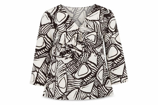 Front view of Reflections women’s ivory geometric polyester basic blouse, size 2XL, v-neck