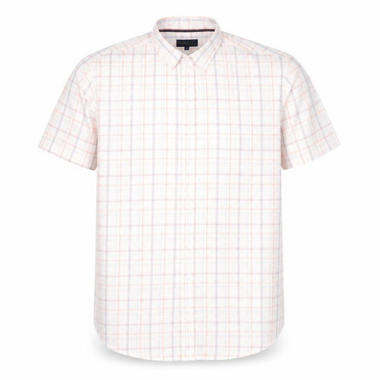 Front view of Matalan men’s white striped polyester button-up, size M, collared button