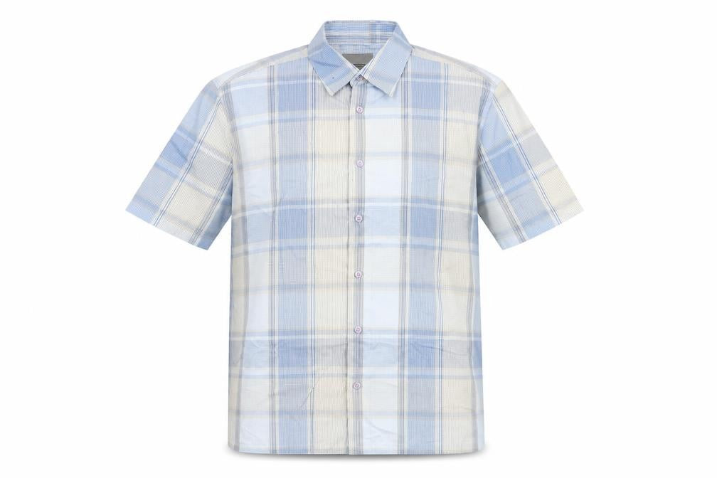 Front view of Ciro Citterio men’s blue check cotton button-up, size M, collared button