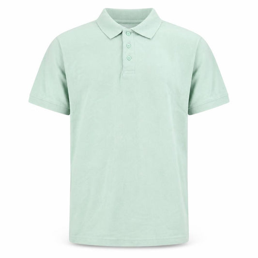 Front view of Alexandra men’s green polyester polo, size S, collared button