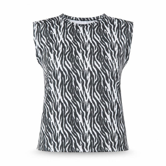Front view of Boohoo women’s black animal print polyester basic tank, size UK 14, round neck - zebra print