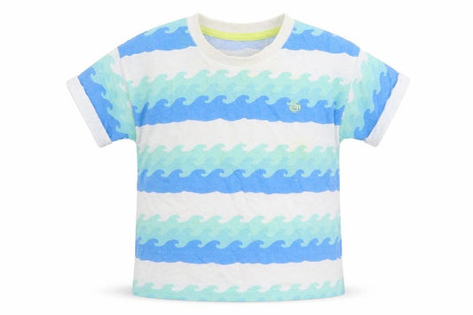 Front view of Matalan Baby Blue Striped 100% Cotton Basic T-Shirt, size 18-24, Months Round Neck Pullover - Waves