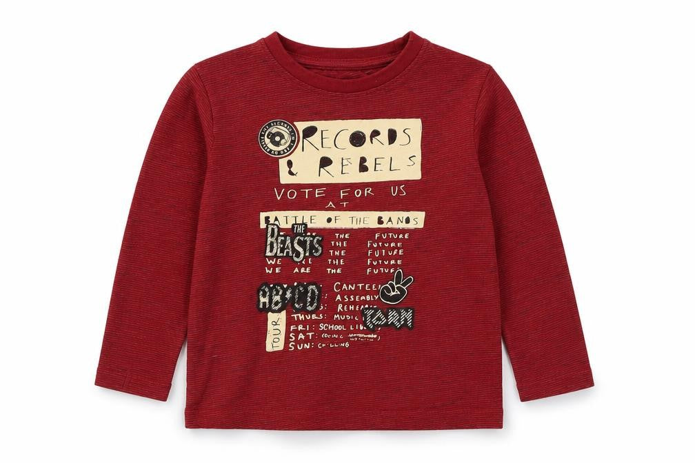 Front view of Losan boys’ red cotton basic t-shirt, size 3, years round neck pullover - records & labels
