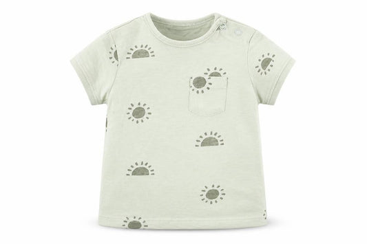 Front view of Primark boys’ green geometric cotton basic t-shirt, size 6-9, months round neck button - sun