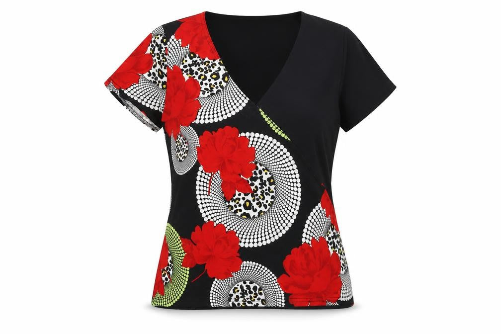 Preworn Womens Black Geometric Polyester Basic Blouse Size M V-Neck - Flower
