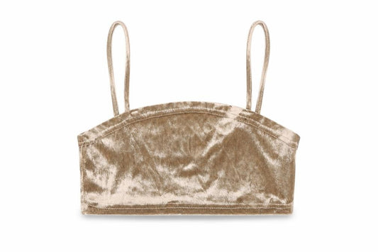 Front view of PRETTYLITTLETHING women’s gold polyester cropped tank, size UK 8, square neck