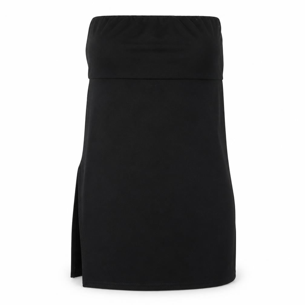 Front view of PRETTYLITTLETHING women’s black polyester basic tank, size UK 10, off the shoulder