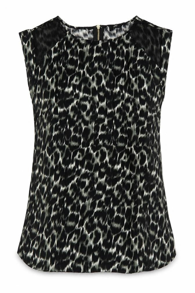 Front view of F&F women’s green animal print polyester basic blouse, size UK 6, round neck