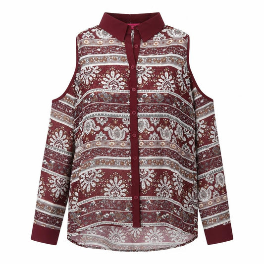 Front view of Boohoo women’s red geometric polyester basic button-up, size UK 6, collared
