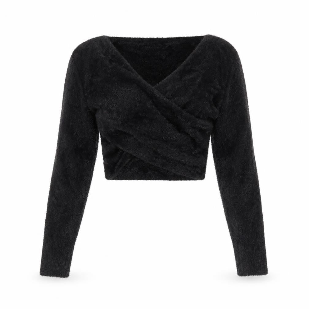 Front view of SHEIN women’s black v-neck nylon jumper, size M