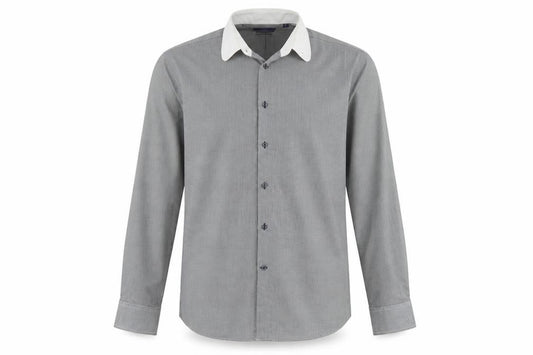Front view of Next men’s black herringbone polyester button-up, size 17, collared button